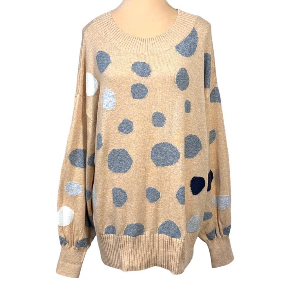 NIC+ZOE Sweet Spot Polka Dot Cotton Sweater Beige Gray Navy Size Large EUC